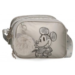 Geanta umar fete, Mickey Disney 100, 2 compartimente, gri argintie, 23x17x8 cm