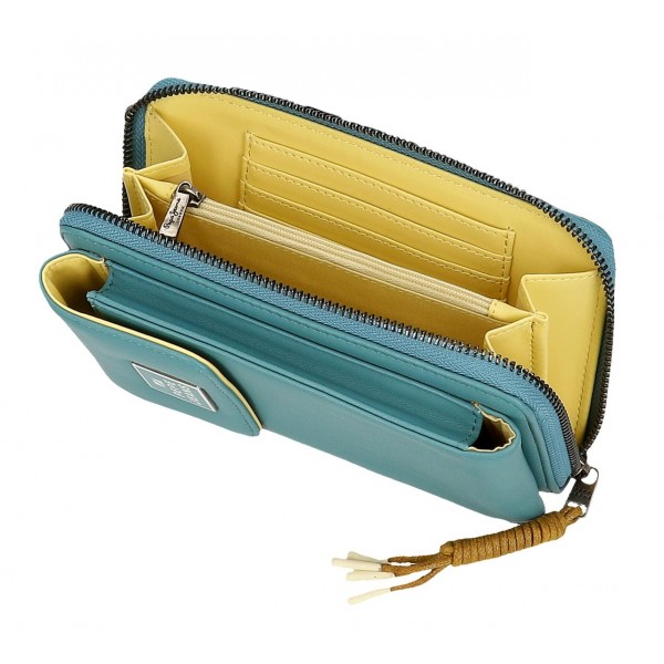 Geanta portofel, compartiment telefon, Pepe Jeans Bea, protectie RFID, albastru, 11x20x4 cm
