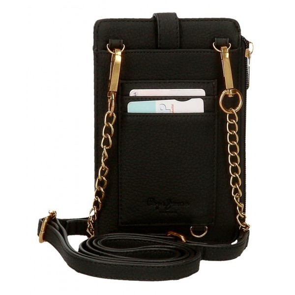 Geanta de telefon dama, Pepe Jeans Diane, cu portofel, protectie RFID, neagra, 9.5x16.5 cm