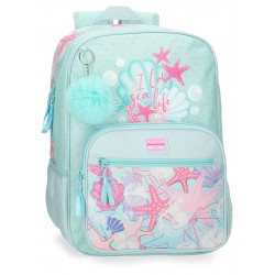 Rucsac scoala fete, Movom I love sea life, adaptabil, albastru turcoaz, 38x30x12 cm