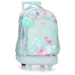 Rucsac troler fete, Movom I love sea life, 2 compartimente, 2 roti duble, albastru turcoaz, 43x32x21 cm