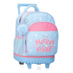 Ghiozdan troler fete, Disney Mickey Vibes, 2 compartimente, 2 roti duble, albastru deschis, 33x44x21 cm