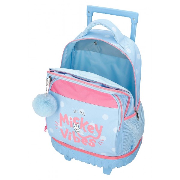 Ghiozdan troler fete, Disney Mickey Vibes, 2 compartimente, 2 roti duble, albastru deschis, 33x44x21 cm