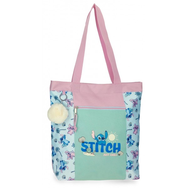 Geanta tote fete, Disney Stitch Just chill, compartimente laptop/tableta, multicolora, 31x34x12 cm