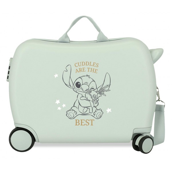 Valiza copii, ride-on, Disney Stitch Cuddles are the best, ABS, 4 roti, verde menta, 50x38x20 cm