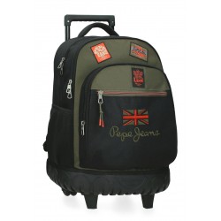 Rucsac troler baieti, Pepe Jeans Ponder, 2 compartimente, 2 roti duble, kaki, 32x43x21 cm