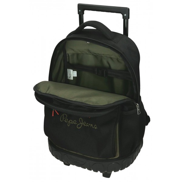 Rucsac troler baieti, Pepe Jeans Ponder, 2 compartimente, 2 roti duble, kaki, 32x43x21 cm