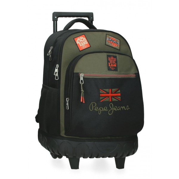 Rucsac troler baieti, Pepe Jeans Ponder, 2 compartimente, 2 roti duble, kaki, 32x43x21 cm