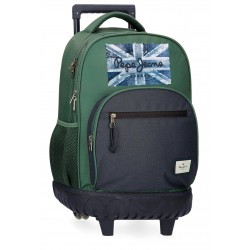 Rucsac troler baieti, Pepe Jeans Jebb, 2 compartimente, 2 roti duble, verde, 33x44x21 cm