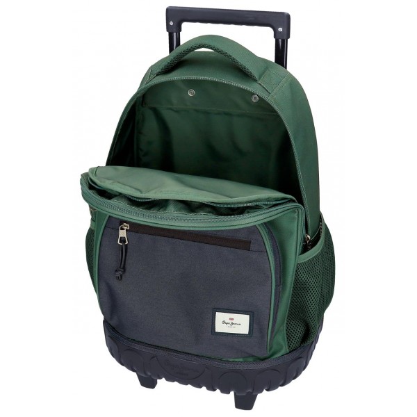 Rucsac troler baieti, Pepe Jeans Jebb, 2 compartimente, 2 roti duble, verde, 33x44x21 cm
