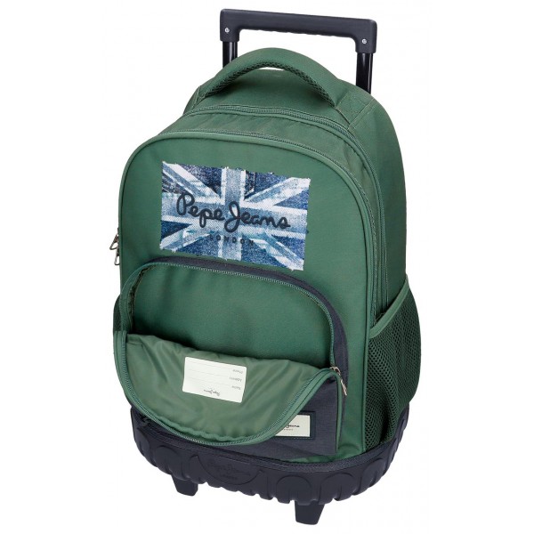 Rucsac troler baieti, Pepe Jeans Jebb, 2 compartimente, 2 roti duble, verde, 33x44x21 cm