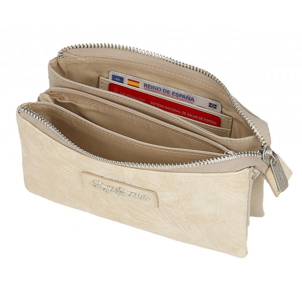 Portofel dama, Pepe Jeans Jana, 3 compartimente, protectie RFID, bej, 17.5x9.5x2 cm