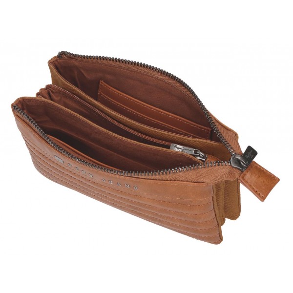 Portofel dama, Pepe Jeans Biker, 3 compartimente, protectie RFID, maro, 17.5x9.5x2 cm