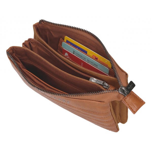 Portofel dama, Pepe Jeans Biker, 3 compartimente, protectie RFID, maro, 17.5x9.5x2 cm