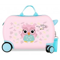 Valiza copii ride-on Roll Road Happy Pets Owl ABS, roz 4 roti, 20x31x45 cm