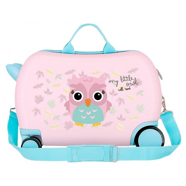 Valiza copii ride-on Roll Road Happy Pets Owl ABS, roz 4 roti, 20x31x45 cm