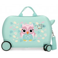 Valiza copii ride-on Roll Road Happy Pets Owl ABS, turcoaz 4 roti, 20x31x45 cm