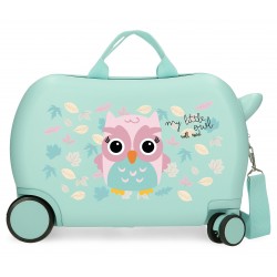 Valiza copii ride-on Roll Road Happy Pets Owl ABS, turcoaz 4 roti, 20x31x45 cm