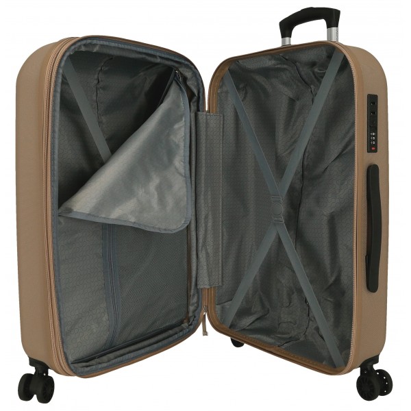 Troler mediu Roll Road Menorca, ABS, extensibil, 4 roti, bej auriu, 24x65x46 cm