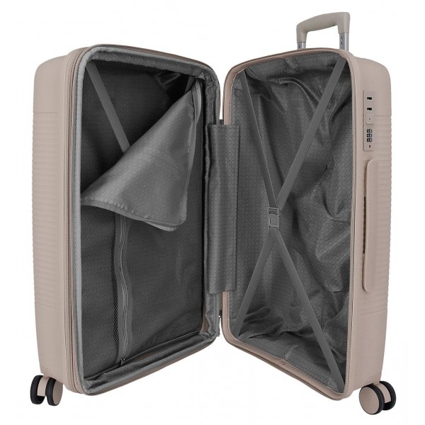 Troler mediu Roll Road Acadia, polipropilena, extensibil 4 roti, bej sampanie, 25x65x41 cm