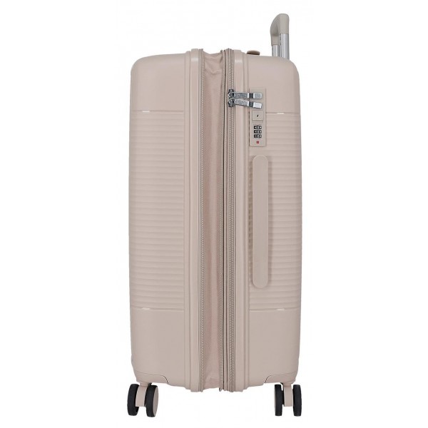 Troler mediu Roll Road Acadia, polipropilena, extensibil 4 roti, bej sampanie, 25x65x41 cm