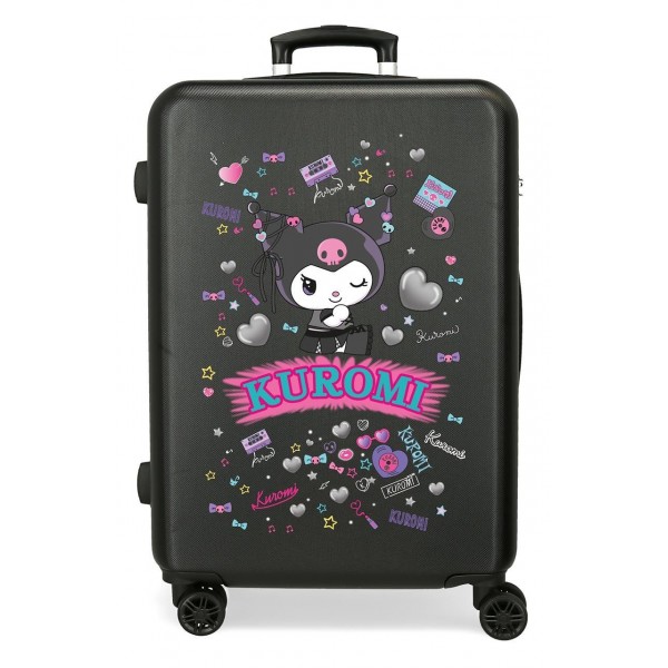 Troler copii Kuromi Retro Pop ABS, 4 roti, valiza medie, negru, 46x65x23 cm