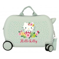 Valiza copii ride-on Floral Kitty ABS, 4 roti, verde menta, 45x31x20 cm
