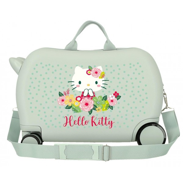 Valiza copii ride-on Floral Kitty ABS, 4 roti, verde menta, 45x31x20 cm