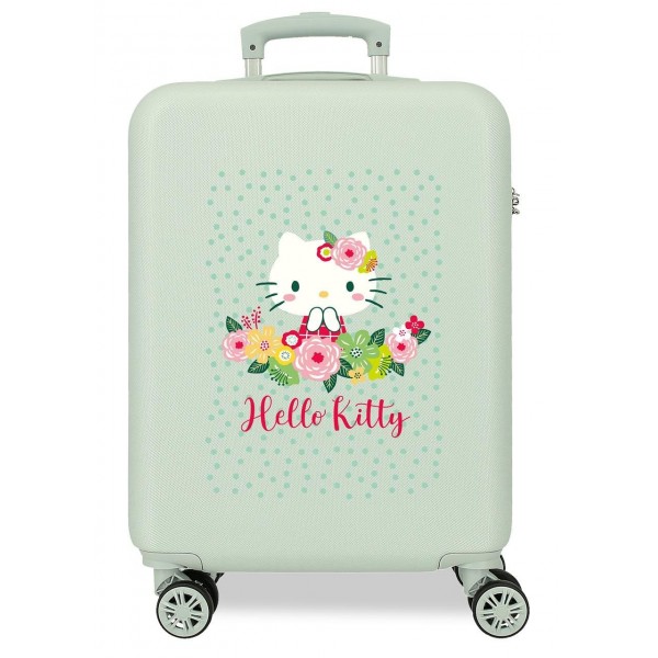 Troler cabina Floral Kitty ABS, 4 roti, verde menta, 55x20x38 cm