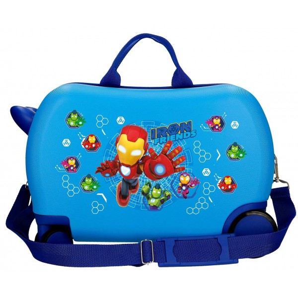 Valiza copii ride-on Iron Friends ABS, 4 roti, albastru, 45x31x20 cm