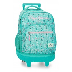 Rucsac troler detasabil Pepe Jeans Sun, 2 compartimente, 2 roti, verde turcoaz 32x43x21 cm