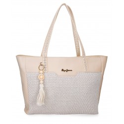 Geanta tote Pepe Jeans Clara, compartimente laptop/tableta, bej 30x36x12 cm