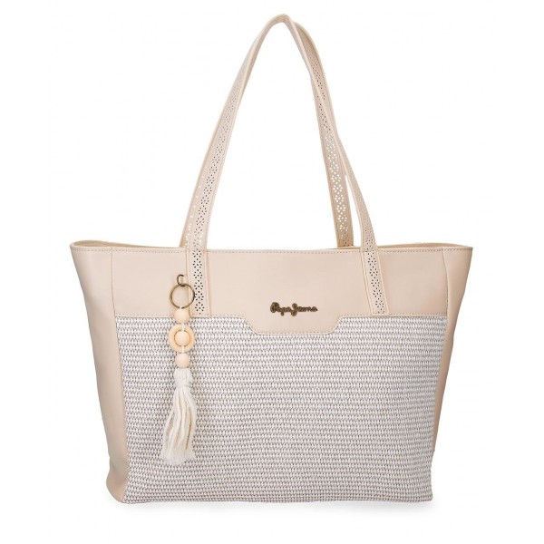 Geanta tote Pepe Jeans Clara, compartimente laptop/tableta, bej 30x36x12 cm