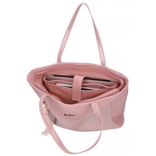 Geanta tote Pepe Jeans Clara compartimente laptop/tableta roz 30x36x12 cm